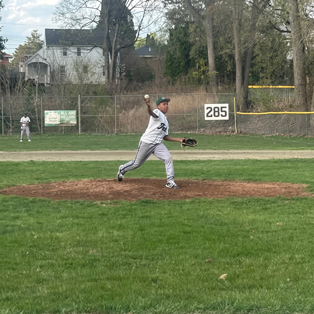 Green Tech Charter School Eagles pitcher delivering a pitch from the mound during a spring baseball game