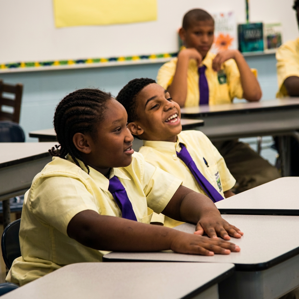 Green Tech Charter School students smiling together during class in Albany, New York
