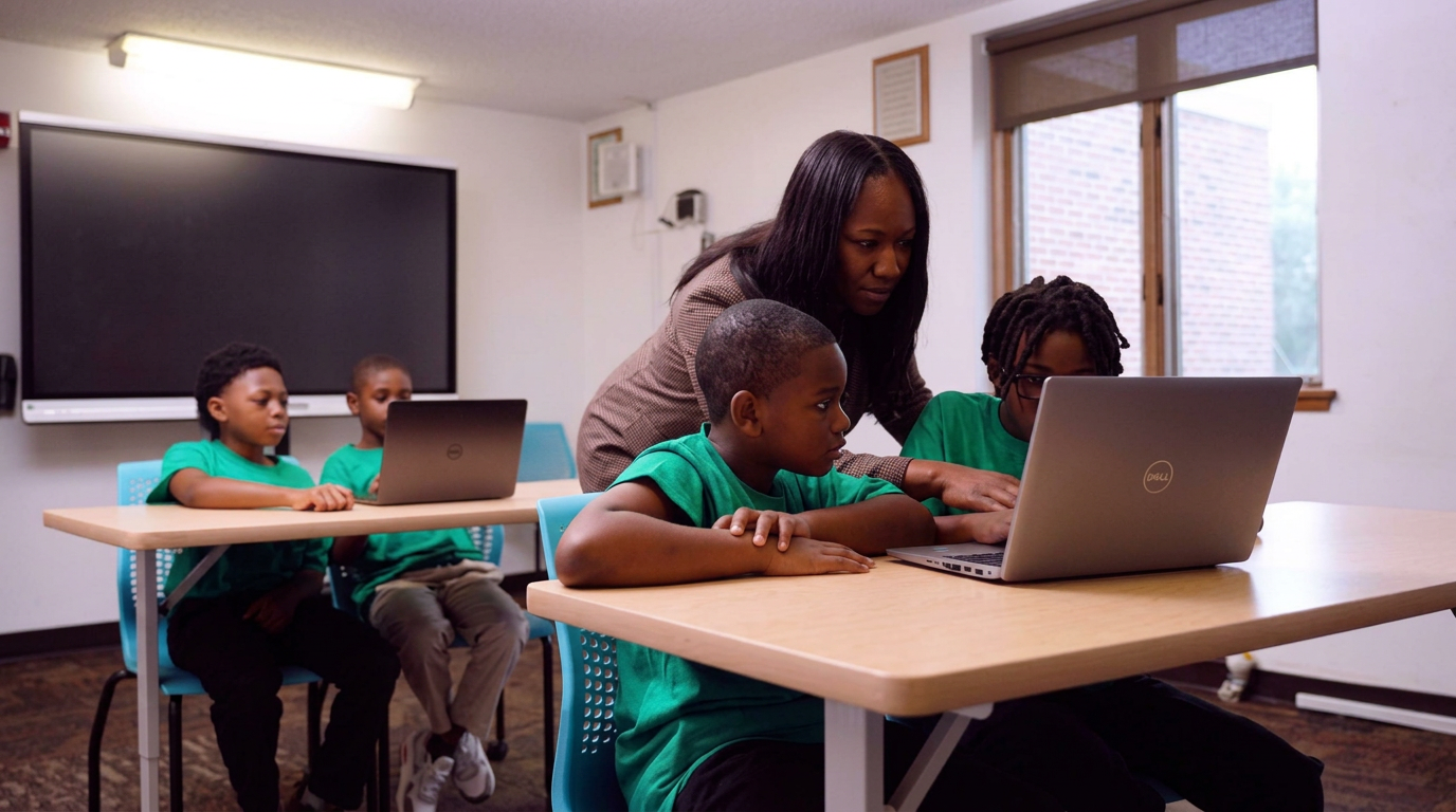 A Green Tech Charter School teacher helping students code on laptops in an Albany, NY classroom