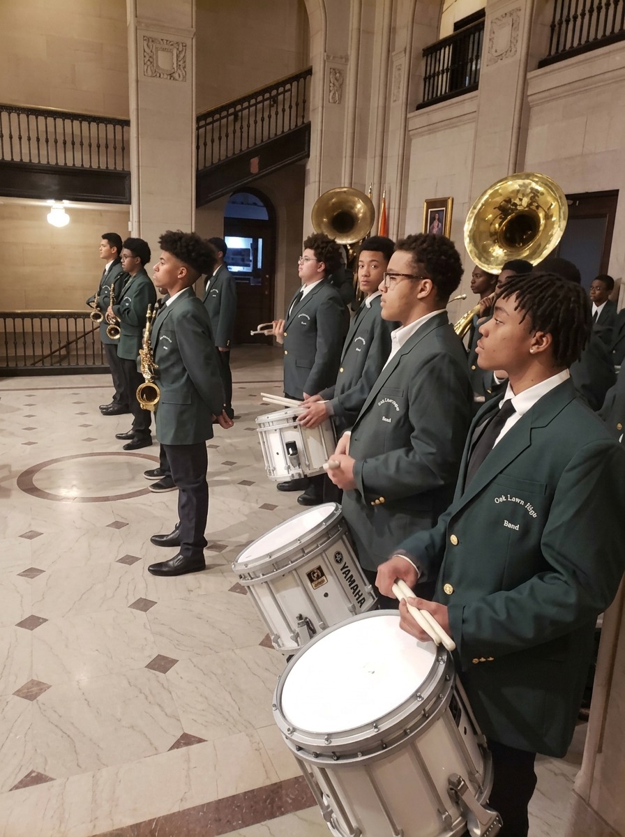 Green Tech Charter School band and drum line lined up with snare drums, sousaphones, and saxophones inside Albany City Hall