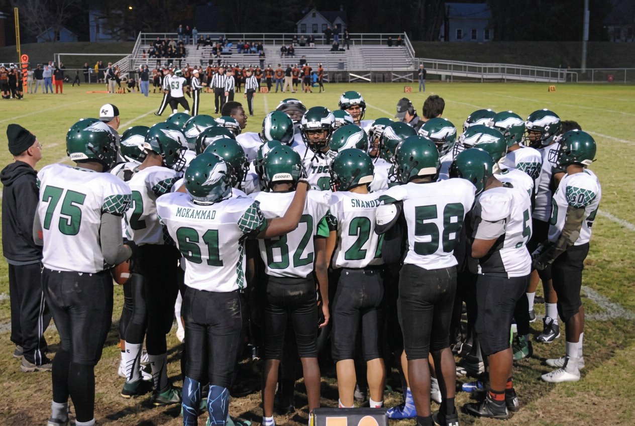 Green Tech Charter School Eagles football team huddled together under the lights during a Friday night game