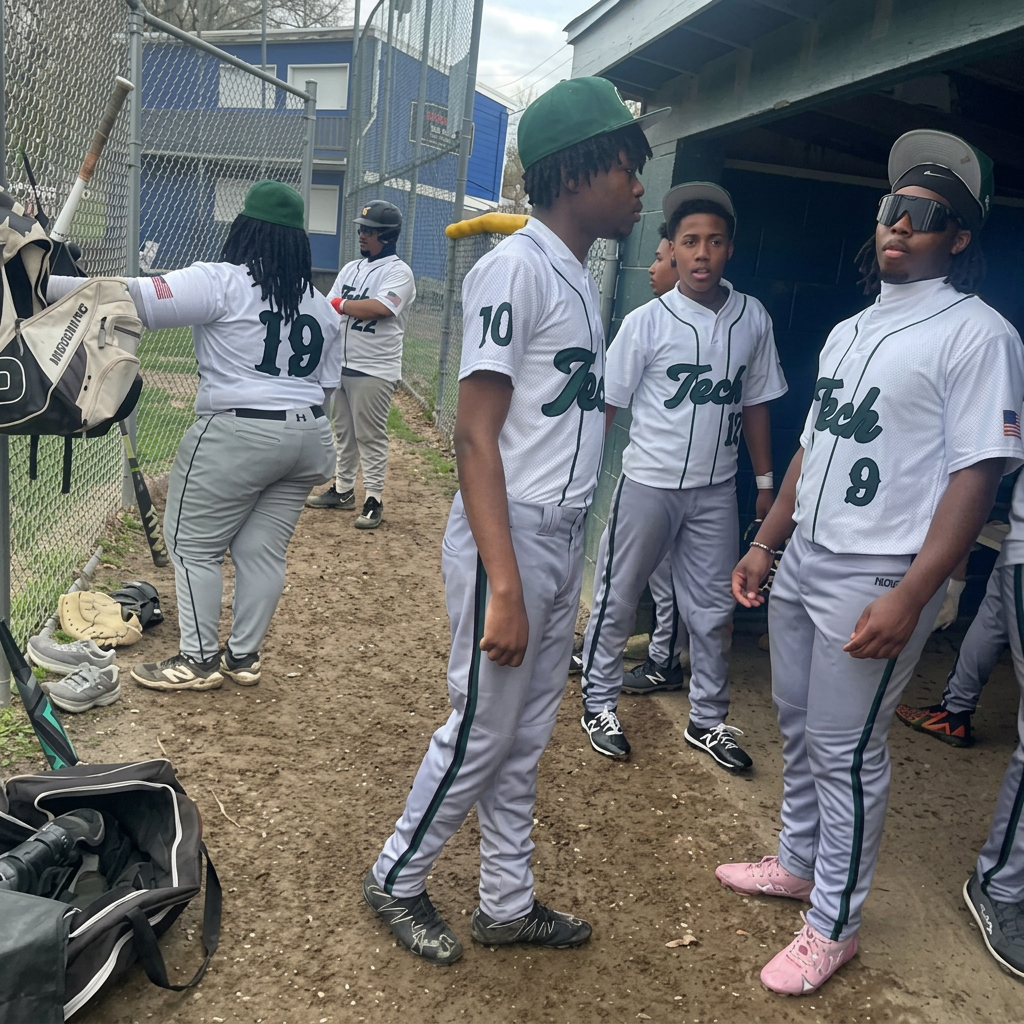 Green Tech Charter School Eagles baseball players in green and white uniforms gathered outside the dugout